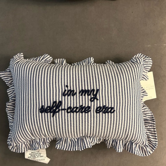 Navy “In My Self-Care Era” Striped Pillow with Ruffle Edges — NWT! - Picture 1 of 2